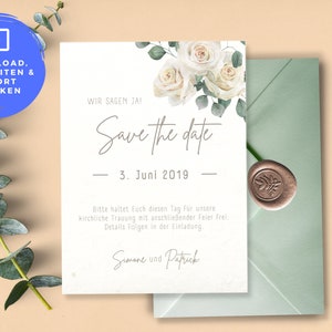 DIY Digital Save the Date Card “White Roses & Eucalyptus” to print yourself or send online eCard Download Template
