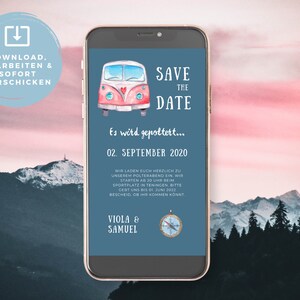 May include: A blue and white Save the Date card with a watercolor illustration of a pink and white vintage van. The text on the card reads "Save the Date" and "It's getting wild... September 2, 2020".