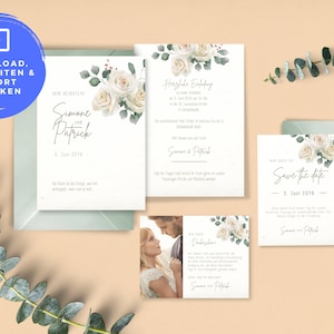 DIY Set Basic - Digitale Hochzeit Papeterie Einladung „Weiße Rosen & Eukalyptus“ zum selbst drucken oder verschicken  Download Template grün