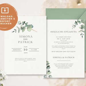 DIY Digital Wedding Invitation “Greenery” to print yourself or send online eCard Download Template Eucalyptus Boho