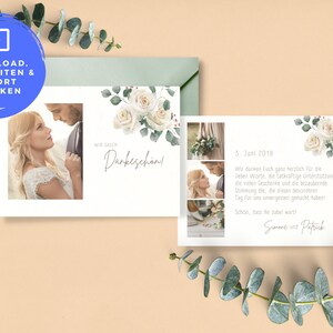 DIY Digital Thank You Card 2-Sided &quot;White Roses & Eucalyptus&quot; to print yourself or send online eCard Download Template