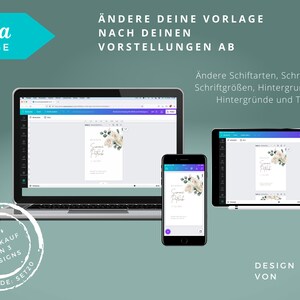 May include: A Canva template for a wedding invitation with a floral design. The template is shown on a laptop, tablet, and phone. The text on the template says "Summer Wedding".