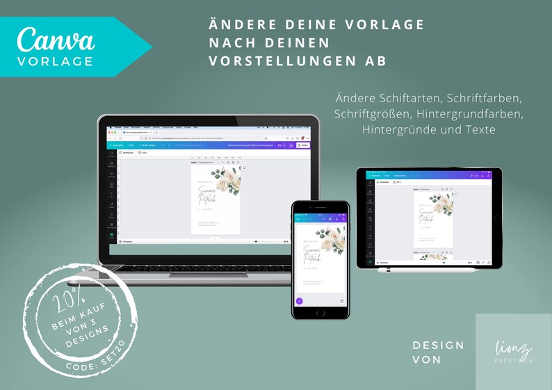 May include: A Canva template for a wedding invitation with a floral design. The template is shown on a laptop, tablet, and phone. The text on the template says "Summer Wedding".