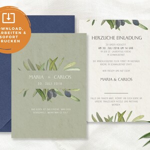 DIY Digital Wedding Invitation &quot;Olive&quot; to print yourself or send online eCard Download Template Mediterranean