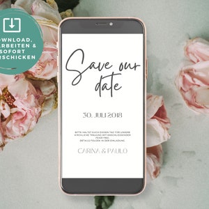 Op de afbeelding: Een smartphone-scherm met een save-the-date-aankondiging voor een bruiloft. De aankondiging is voor Carina & Paulo, met de datum 30 juli 2018. De achtergrond is een zacht roze bloemenpatroon.