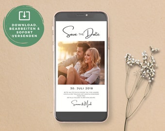 May include: A save the date card on a smartphone screen with a photo of a couple and the text "Save the Date" and "30. Juli 2018". The text below the photo reads "Bitte haltet euch diesen Tag für unsere kirchliche Trauung mit anschließendem  Feier frei. Details folgen in der Einladung.  S&M"