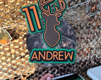 Hunting Birthday Cake Topper: Camo Deer Silhouette, Custom Name & Age