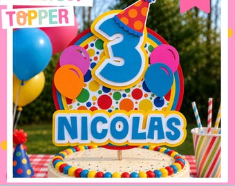 Personalized 3rd Birthday Cake Topper Custom Name Age • Toddler Birthday •  Colorful Birthday Party Decoration for Kids • Polka Dot