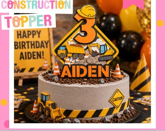 Construction Birthday Cake Topper: Custom Name & Age, Dump Truck Party