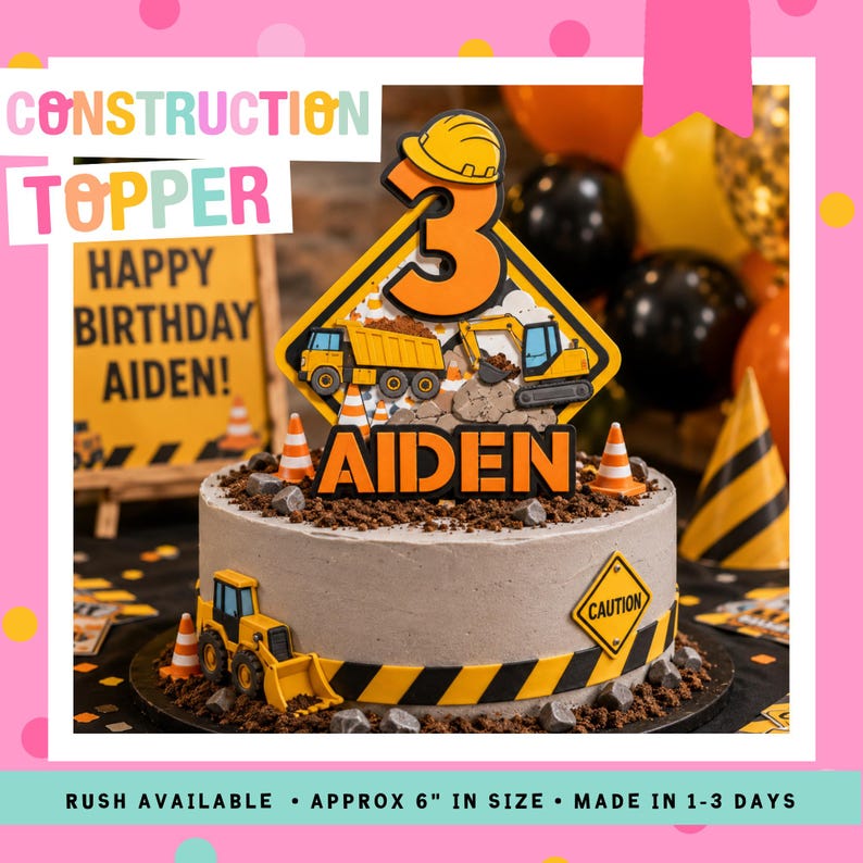 May include: A construction-themed birthday cake with grey frosting, decorated with a yellow and black caution stripe. The cake is topped with a construction-themed topper with the number 3 and the name "AIDEN". The cake also features toy construction vehicles and traffic cones.