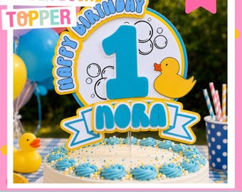 Personalized 1st Birthday Cake Topper Rubber Duck Custom Name Age Bubble Theme Baby Birthday Party Decoration Smash Cake Topper