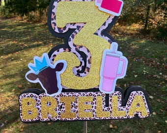 Personalized Cheetah Print Birthday Cake Topper, Girly Glam Decor Threenager, 3rd Birthday, Girly Cake Topper, Glitter Cake Topper