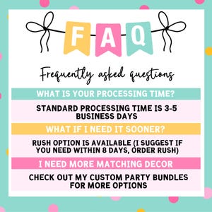 May include: A colourful FAQ sign with the text "FAQ" in banner letters. The sign includes the text "Frequently asked questions" and answers to common questions about processing time and rush options. The background is a light teal colour with pink and yellow polka dots.