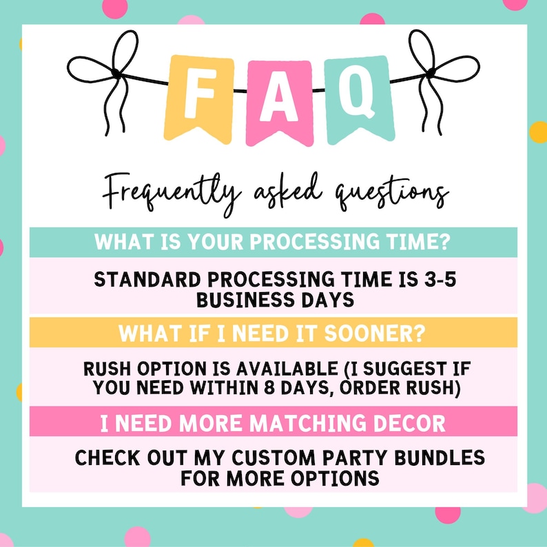 May include: A colourful FAQ sign with the text "FAQ" in banner letters. The sign includes the text "Frequently asked questions" and answers to common questions about processing time and rush options. The background is a light teal colour with pink and yellow polka dots.