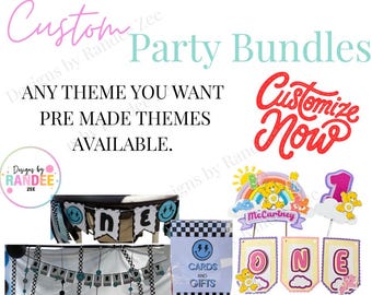 Custom Party Decor Bundle | Birthday Party Package | Cake Topper,Cupcake Toppers, Banner & Invitation | Personalized Party Set