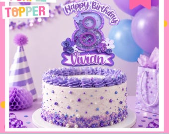 Personalized Purple Shaker Cake Topper: Glitter Sequins, Floral Birthday Decor
