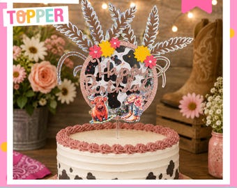 Rustic Western Birthday Cake Topper: Highland Cow, Cowboy Boots