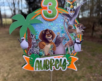 Alex the Lion, Giraffe,  Hippo,  Zebra Birthday Cake Topper | Personalized Shaker Topper | Safari Party | Zoo Animals | Penguins | Beach