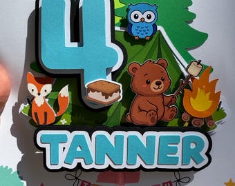 Adventure Camping Cake Topper: Personalized Woodland Animals Birthday Decor ; Outdoor Birthday Party ; Camping Theme ; Toddler Boy Birthday