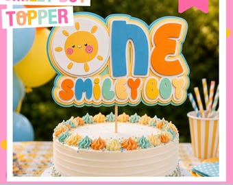 Personalized One Smiley Boy Cake Topper: Smiley Face 1st Birthday