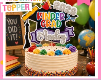 Glitter Graduation Cap Cake Topper, Kindergarten Pre K Graduation Party Decor, Custom Name Class of 2026 Sparkle Grad Centerpiece