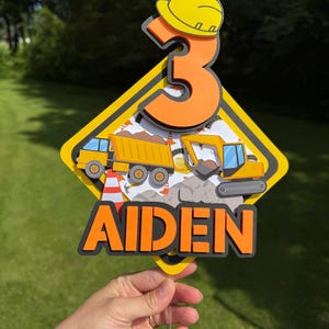 Construction Birthday Cake Topper | 3rd Birthday Custom Name and Age | Boys Birthday Party Decoration | Dump Truck Excavator Party Supplies