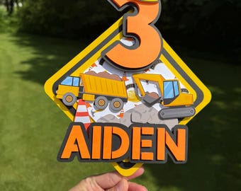 Construction Birthday Cake Topper | 3rd Birthday Custom Name and Age | Boys Birthday Party Decoration | Dump Truck Excavator Party Supplies