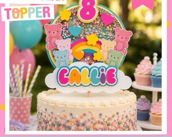 Personalized Gummy Bear Cake Topper | Rainbow Bear Birthday Cake Topper | Custom Name & Age | Colorful Candy Theme Party Decor