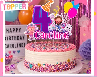 Party Cat Dollhouse Birthday Cake Topper, Girl Birthday, Personalized Cake Topper, Gabby Birthday, Pink Birthday