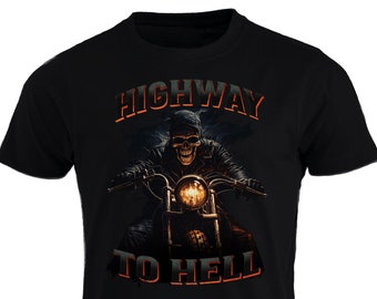Highway To Hell Skeleton Rider Dark Blue Motorcycle T-shirt Motorbike Bike Chopper Fun Tee Skull Cafe Racer Tshirt Biker Dad Grandad Grandpa
