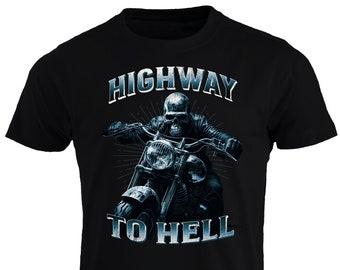 Highway To Hell Skeleton Motorcycle Rider T-shirt Gradient Blue Motorbike Bike Chopper Tee Skull Cafe Racer Tshirt Biker Dad Grandad Grandpa