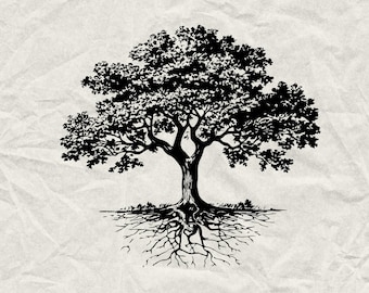 May include: A black and white illustration of a tree with a detailed root system and leafy branches. The tree is centered on a textured, off-white background. The text "SVG, PNG & EPS" is at the bottom.