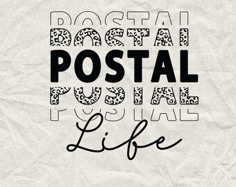 Könnte beinhalten: Schwarz-weißes Grafikdesign mit dem Text "Postal Life" in fetter Schrift. Der Text ist mit einem Leopardenmuster überlagert.