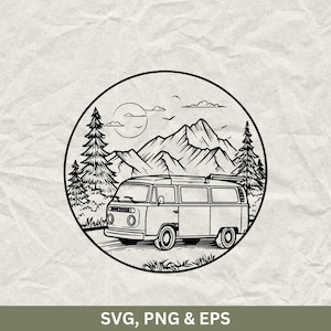 May include: Black and white illustration of a vintage camper van driving on a road in front of mountains, trees, and a sun. The image is framed in a circle. The text "SVG, PNG & EPS" is at the bottom.