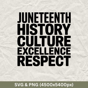 Peut inclure: Texte noir et blanc avec les mots "Juneteenth History Culture Excellence Respect" empilés les uns sur les autres.