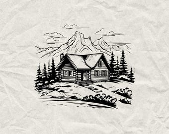 Timmerstuga Silhouette SVG PNG EPS, Rustik Lodge Cottage Clipart, Bergstuga Cut-filer