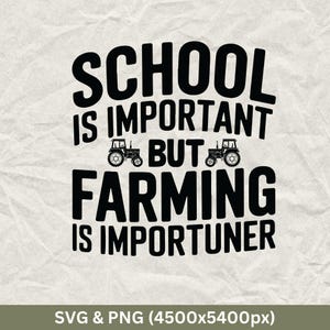 May include: Black and white graphic design with the text "SCHOOL IS IMPORTANT BUT FARMING IS IMPORTUNER". Two tractor illustrations are featured in the design. The bottom of the image includes the text "SVG & PNG (4500x5400px)".
