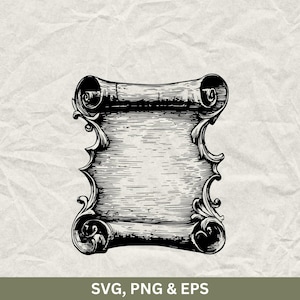 May include: Black and white scroll illustration with ornate scrollwork and a textured background. The scroll is rectangular with rolled edges and a blank center. The bottom of the image includes the text "SVG, PNG & EPS".