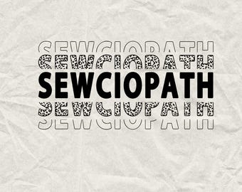 May include: Black and white graphic text design with the word "SEWCIOPATH" repeated multiple times. The text is surrounded by a leopard print pattern.