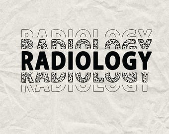 Może przedstawiać: Czarno-biały projekt graficzny ze słowem "RADIOLOGY" powtórzonym w warstwowym wzorze. Każda warstwa słowa ma wzór w panterkę.