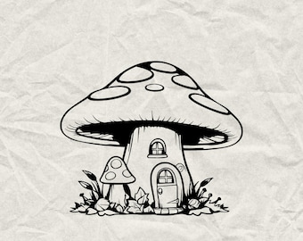 Silueta de casa de hongos SVG PNG EPS, clipart de cabaña de hadas, archivos de corte de bosque de fantasía