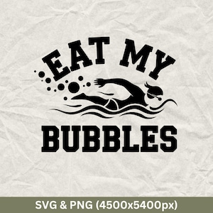 Könnte beinhalten: Schwarzweißes Grafikdesign mit einem Schwimmer und dem Text "Eat My Bubbles".