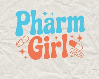 May include: A graphic design with the text "Pharm Girl" in a retro style. The text is in blue and orange with white pill shapes around it.