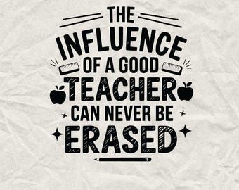 Pode incluir: Design gráfico de texto preto e branco com as palavras "The Influence of a Good Teacher Can Never Be Erased". O design inclui uma régua, uma maçã e uma estrela.