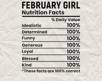 May include: A black and white graphic with the text "February Girl" and a nutrition facts table listing traits like "Idealistic", "Determined", "Funny", "Generous", "Loyal", "Blessed", and "Kind" with a value of 100% for each. The text at the bottom reads "*These facts are 100% correct" and "SVG & PNG (4500x5400px)".