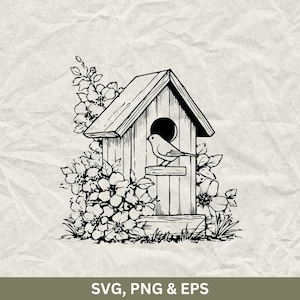 Könnte beinhalten: Schwarz-Weiß-Illustration eines Vogelhauses mit einem Vogel, der auf der Stange sitzt. Das Vogelhaus ist von Blumen und Blättern umgeben. Der Text "SVG, PNG & EPS" befindet sich unten.