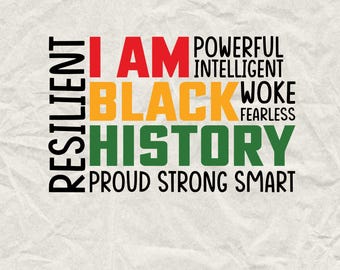 May include: Black History Month graphic with the words "I Am Black History" in red, yellow, and green. The words "Resilient", "Powerful", "Intelligent", "Woke", "Fearless", "Proud", "Strong", and "Smart" are also included in the graphic.