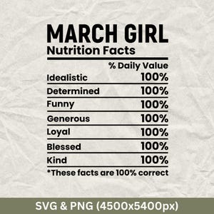 March Girl Nutrition Facts SVG, March Birthday Shirts, Funny Birthday Gift, Birthday Party, Birthday Squad SVG, March, March Birthday Cricut