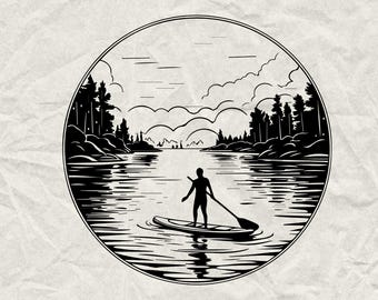 Silhueta de prancha de stand up paddle SVG PNG EPS, clipart de surfe, arquivos de corte de esportes aquáticos no oceano