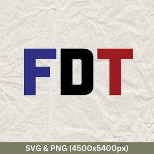 May include: A graphic design with the letters FDT in blue, black, and red.